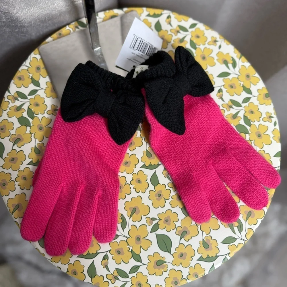 NWT Kate Spade New York Fine Gauge Jersey Bow Glove in Pink Swirl/Black One Size